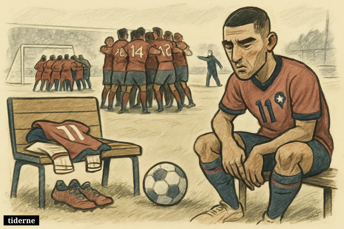 Injured footballer sits by Morocco’s bench clutching his thigh while teammates huddle before a quarterfinal against France. (AI-genereret illustration)