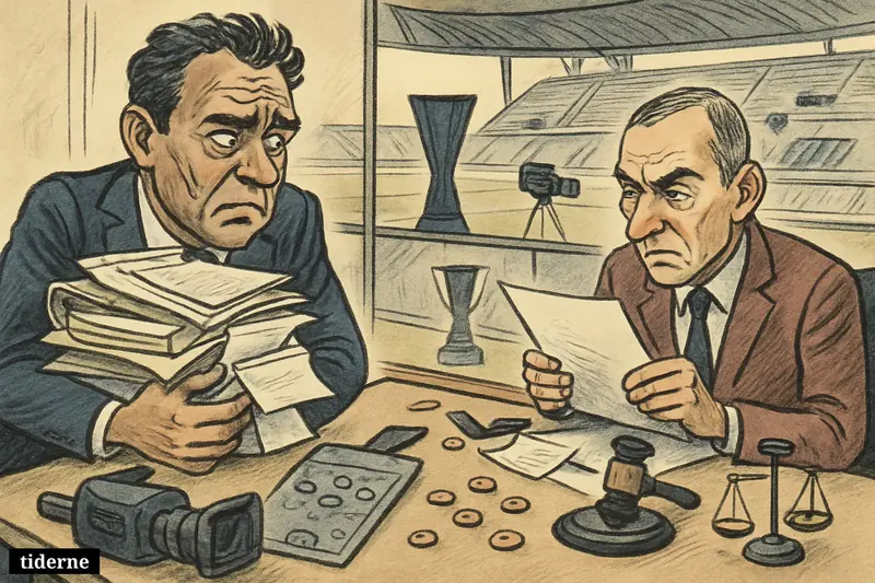 A tense football executive faces a UEFA inspector over chaotic accounts, with broken broadcast gear and an unreachable European trophy nearby.