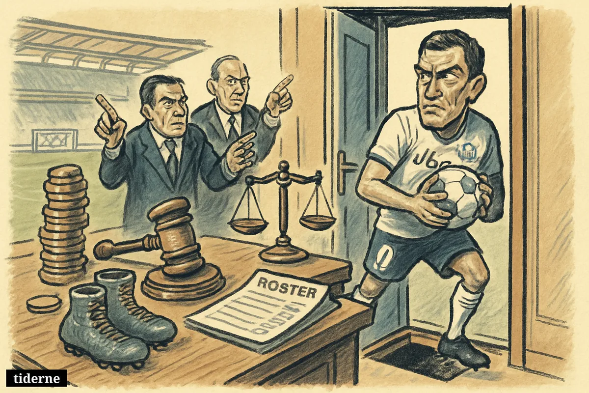 A worried Marseille footballer stands between a stadium pitch and a trapdoor, surrounded by coins, scales, and warning officials.