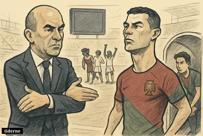 Caricature of Roberto Martinez keeping Cristiano Ronaldo on the pitch while Gonçalo Ramos waits on the sideline during a tense World Cup draw.