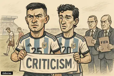 Martínez and Lo Celso hold a controversial banner on the pitch after victory as disappointed England players and stern officials linger nearby. (AI-genereret illustration)