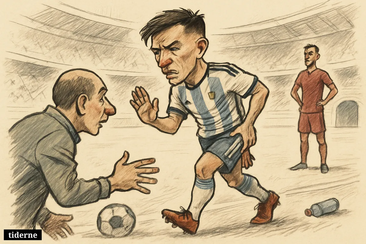 Lisandro Martínez limps from a football pitch clutching his right thigh as staff approach during a major international final. (AI-genereret illustration)