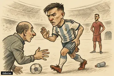 Lisandro Martínez limps from a football pitch clutching his right thigh as staff approach during a major international final. (AI-genereret illustration)