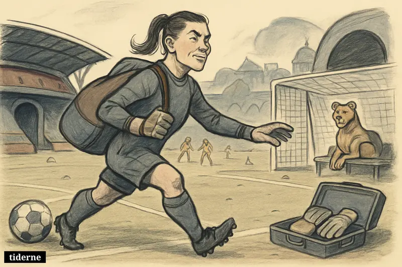 Mary Earps, shown as a goalkeeper caricature, walks across a football pitch from Paris toward a lioness-themed English club setting.