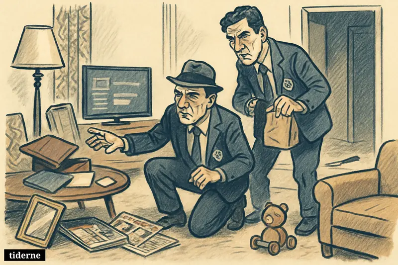 Police examine a disturbed Queens apartment filled with set decoration props, while a child’s toy and entertainment media items suggest the family and TV-world context. (AI-genereret illustration)
