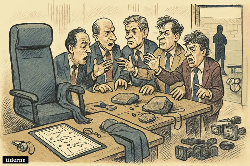 An empty coach’s chair anchors a chaotic federation boardroom as executives lift stones and argue beside a football training pitch.