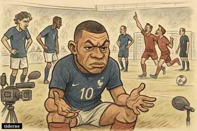 A sad caricature of Mbappé and France’s slumped players after defeat, while Spain celebrates in the background of a stadium. (AI-genereret illustration)