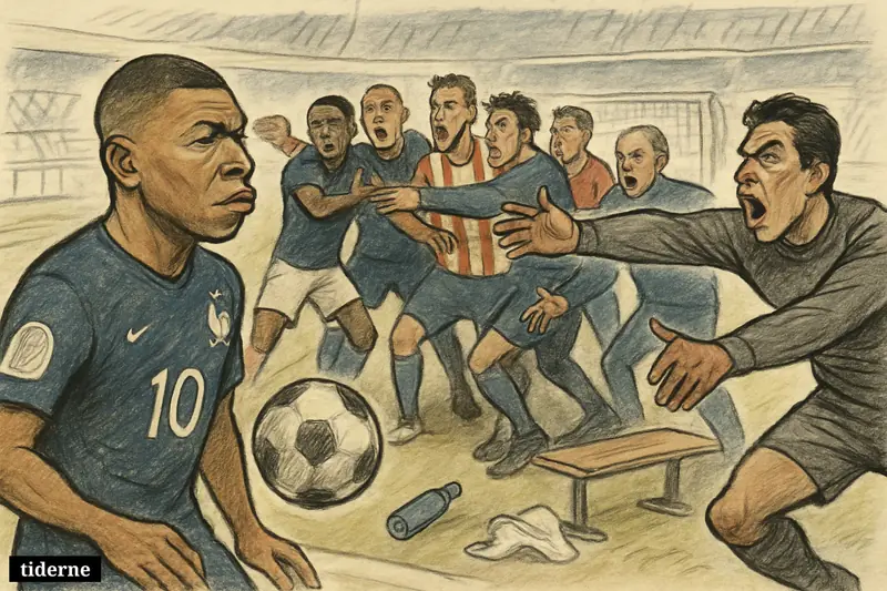 Mbappé recoils as Orlando Gill throws a ball, while players and staff from France and Paraguay clash on the field after the match.