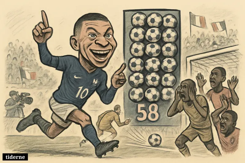 Caricature of Kylian Mbappé celebrating a record goal for France as Senegal players react inside a World Cup stadium.