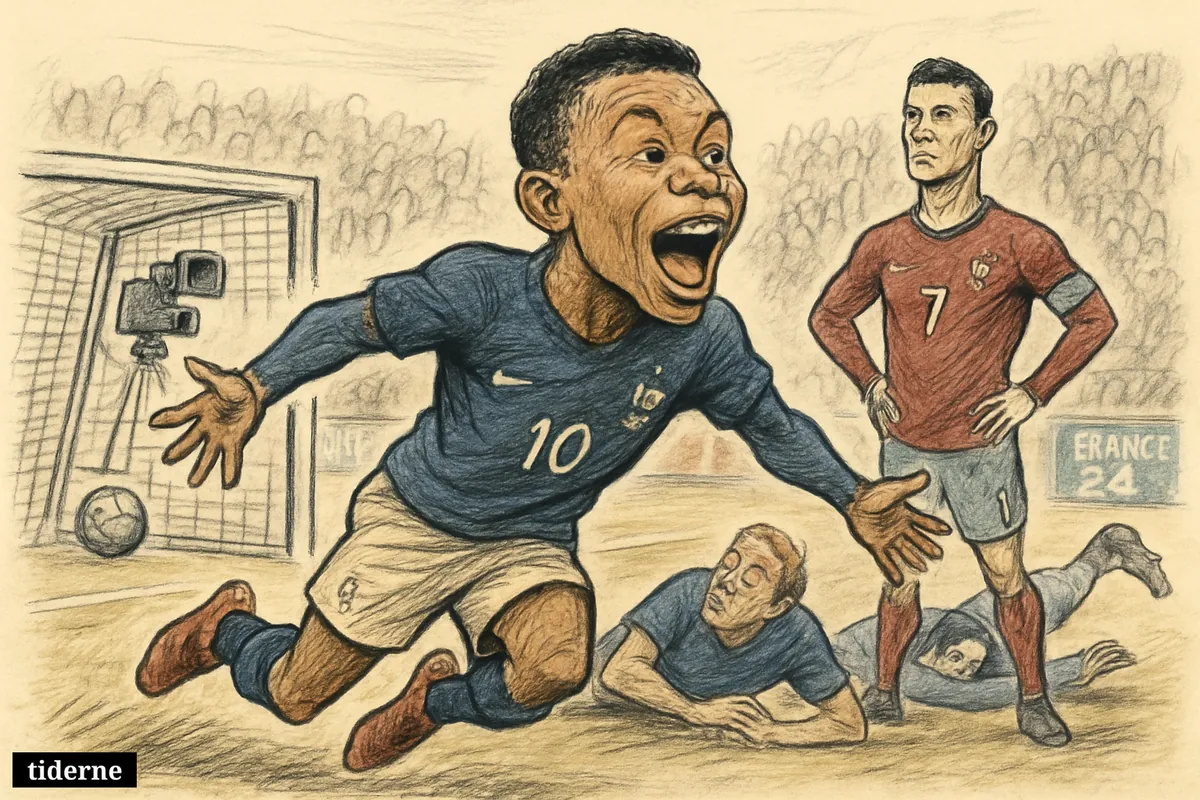 Caricature of Mbappé celebrating a goal as Ronaldo watches, with Swedish players beaten in a World Cup knockout stadium scene.