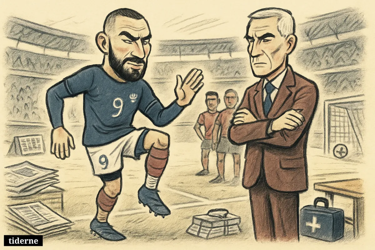 A caricature of a French soccer star nursing a sore ankle while his coach stays calm during a tense World Cup quarterfinal scene. (AI-genereret illustration)