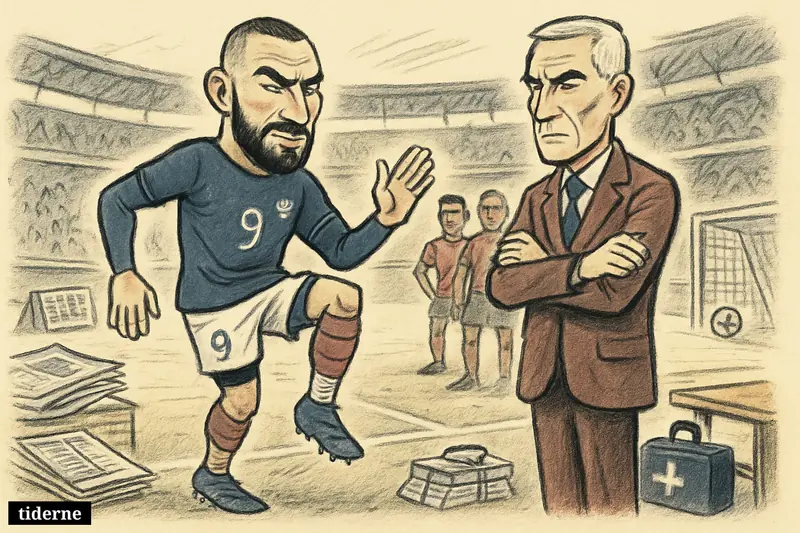 A caricature of a French soccer star nursing a sore ankle while his coach stays calm during a tense World Cup quarterfinal scene. (AI-genereret illustration)