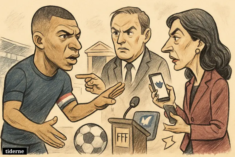 Caricature of Kylian Mbappé confronting Senator Celeste Amarilla as a legal official intervenes, with football and social media elements around them.