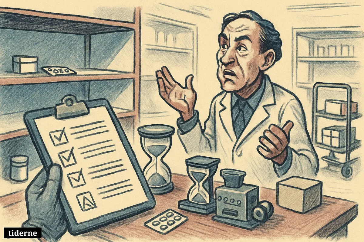 A worried pharmacist faces mostly empty medicine shelves beside a half-loaded delivery trolley and signs of repeated production delays. (AI-genereret illustration)
