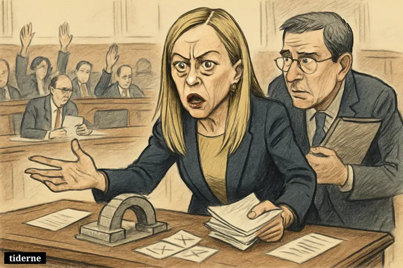 Caricature of Giorgia Meloni reacting angrily in parliament as Luca Ciriani stands beside her during a failed reform vote. (AI-genereret illustration)