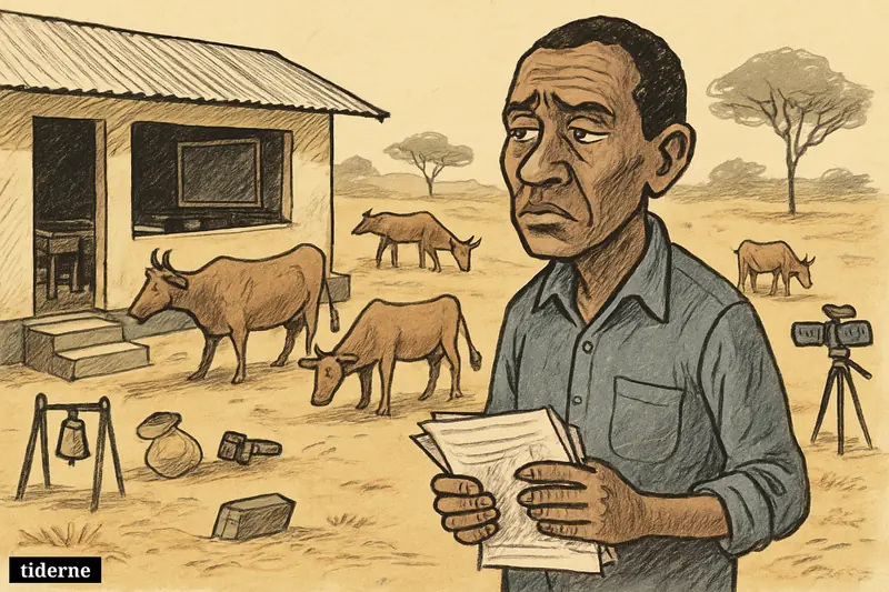 A weary teacher stands in an empty rural Kenyan schoolyard while cows roam among vacant classrooms and scattered school supplies.
