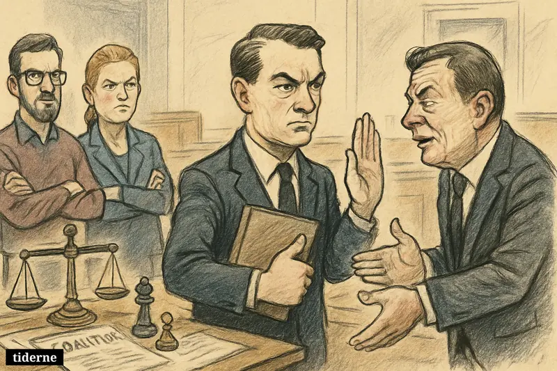Caricature of Danish opposition leaders in a tense parliament negotiation, with Messerschmidt blocking Løkke as Troels Lund Poulsen tries to mediate.