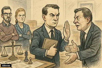 Caricature of Danish opposition leaders in a tense parliament negotiation, with Messerschmidt blocking Løkke as Troels Lund Poulsen tries to mediate.