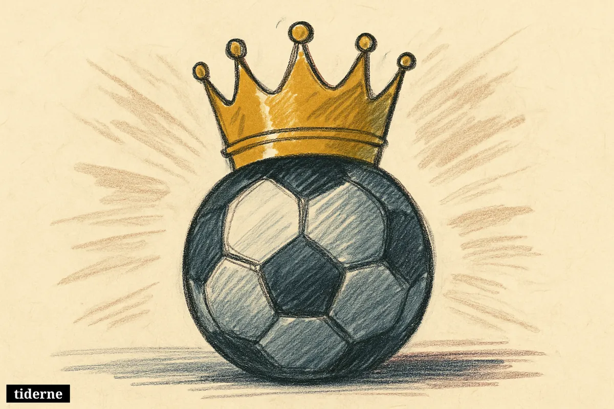A luminous golden crown hovers over a dark football-like sphere, surrounded by a subtle eclipse glow on black background (AI-genereret illustration)