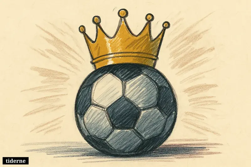 A luminous golden crown hovers over a dark football-like sphere, surrounded by a subtle eclipse glow on black background (AI-genereret illustration)