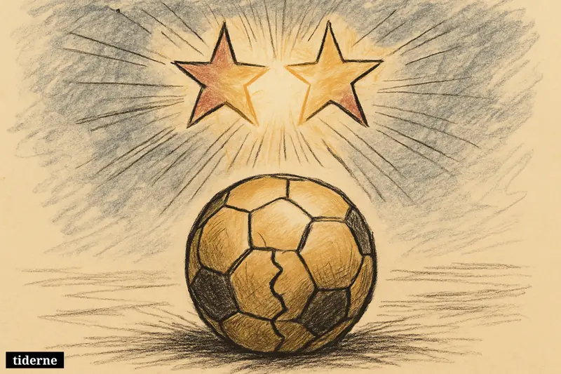 Two luminous stars face each other above a fractured golden football on a dark stadium-like background. (AI-genereret illustration)