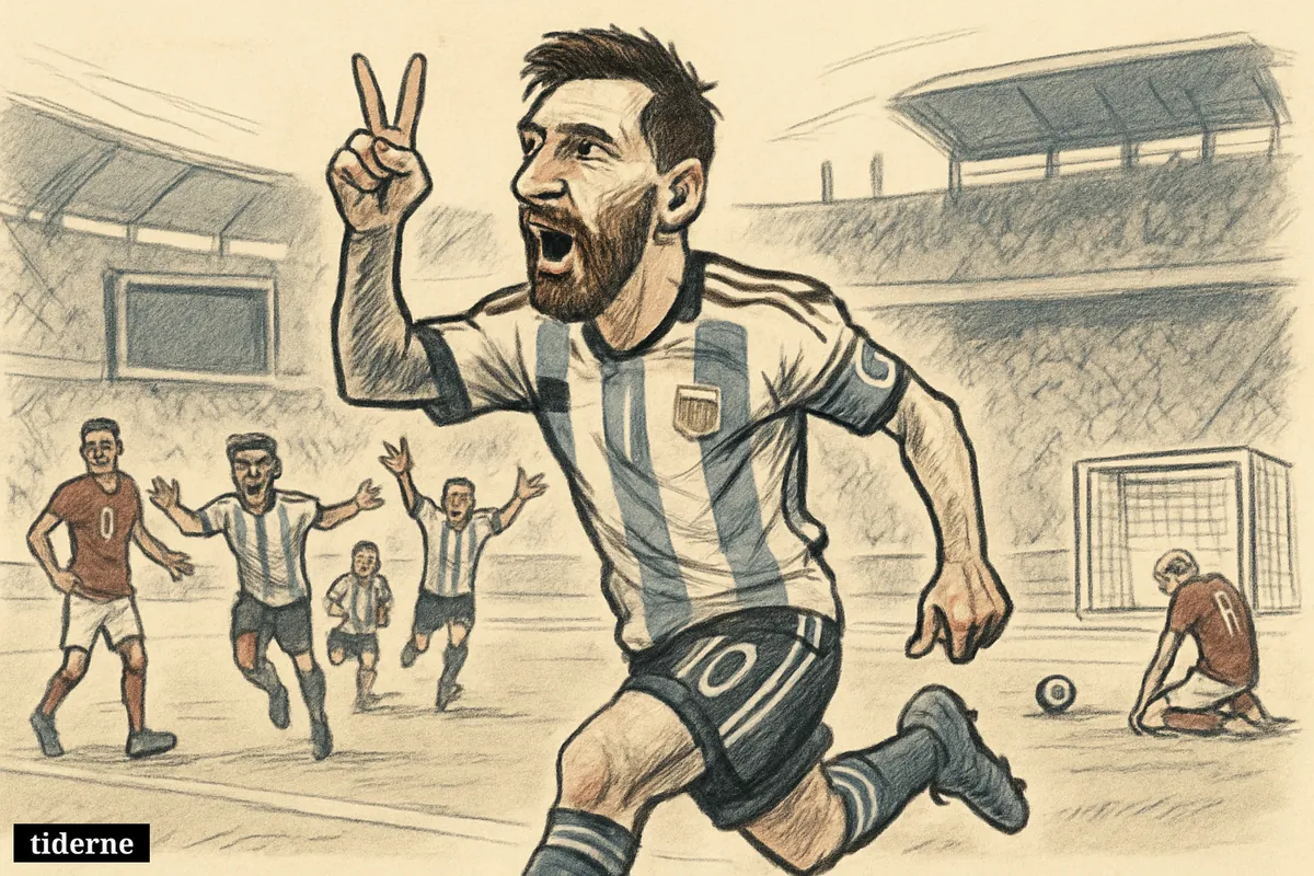 Lionel Messi celebrates in an Argentina stadium scene as teammates rush toward him and Austria players react with disappointment.