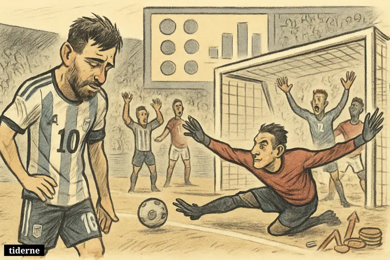 A caricature football scene shows a disappointed Messi-like striker after a missed penalty as an Egyptian goalkeeper completes a save in a World Cup match. (AI-genereret illustration)