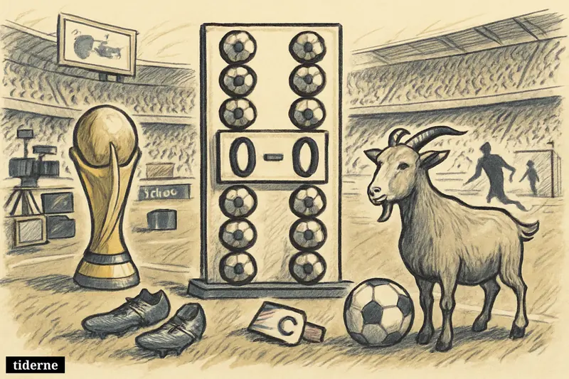 A stadium scene with tied stacks of footballs, a goat, match props, and a ball in the net symbolizing a World Cup scoring record.