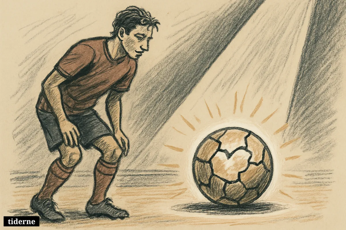 A dark football with faint glowing cracks healing beneath a narrow spotlight on a black background