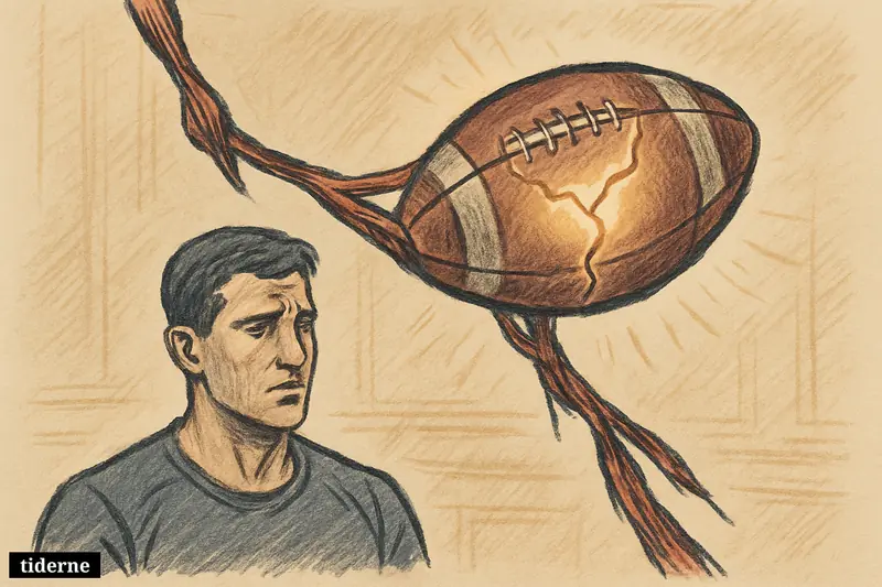 A dark football with a glowing crack hangs in black space, wrapped by taut red muscle-like strands.