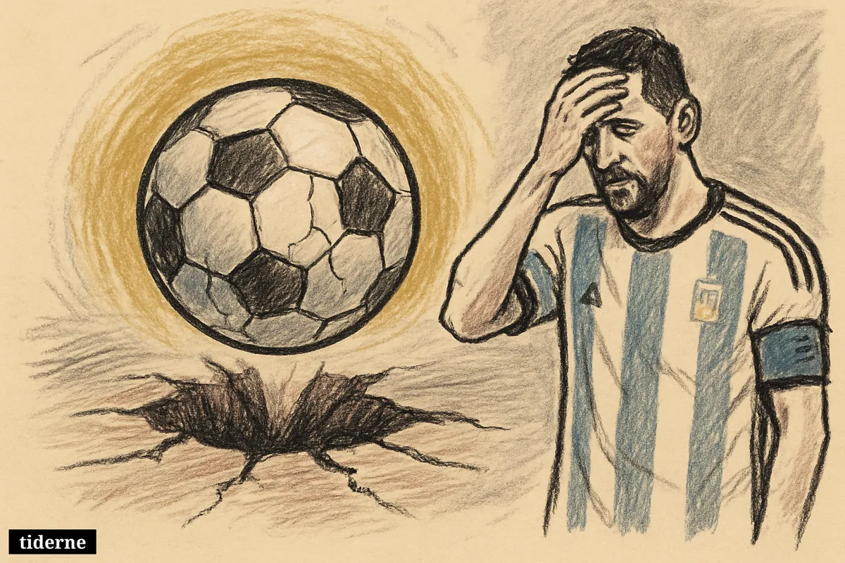 Cracked black-and-white football glowing behind a shattered penalty mark on a dark pitch with faint blue-white sparks (AI-genereret illustration)