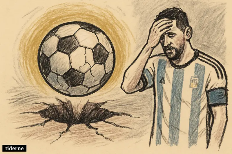 Cracked black-and-white football glowing behind a shattered penalty mark on a dark pitch with faint blue-white sparks (AI-genereret illustration)