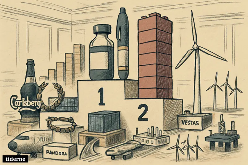 A caricature boardroom scene shows Danish companies as oversized branded objects competing on a profit podium with charts, coins, and annual reports.