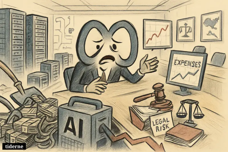 A Meta-themed caricature boardroom shows heavy AI spending, falling stock value, data centers, and looming legal pressure from the US and EU.