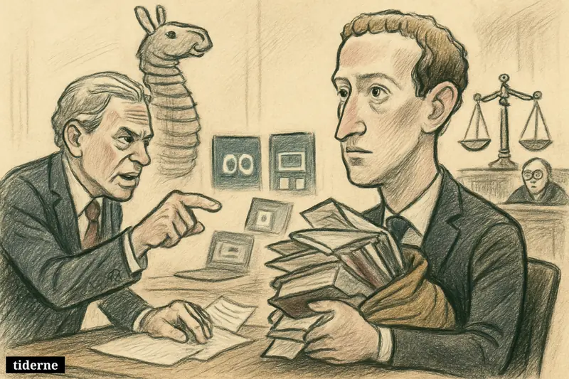 Mark Zuckerberg and Scott Turow face off in a courtroom, surrounded by books, legal symbols, and AI-themed llama-shaped shelves.