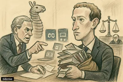 Mark Zuckerberg and Scott Turow face off in a courtroom, surrounded by books, legal symbols, and AI-themed llama-shaped shelves.