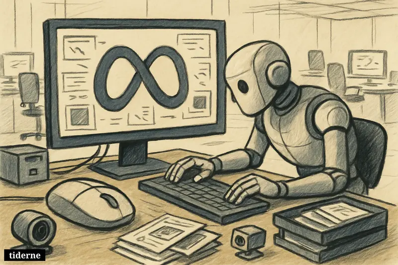 A Meta-branded office computer setup records clicks and screenshots while a robot learns to work at a desk in an empty office.