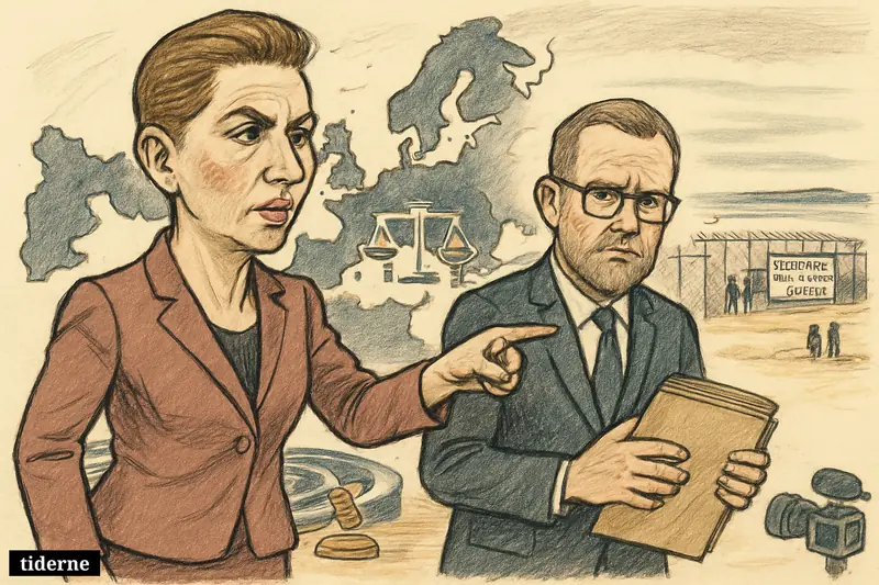 Mette Frederiksen and Morten Bødskov stand before EU symbols, pointing toward a remote fenced departure center beyond Europe.