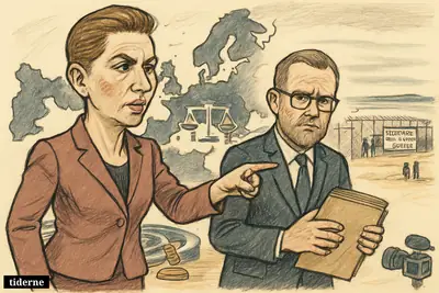 Mette Frederiksen and Morten Bødskov stand before EU symbols, pointing toward a remote fenced departure center beyond Europe.
