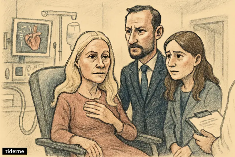 Caricature of Mette-Marit in a hospital chair with Haakon and Ingrid Alexandra beside her in a tense transplant-related scene.