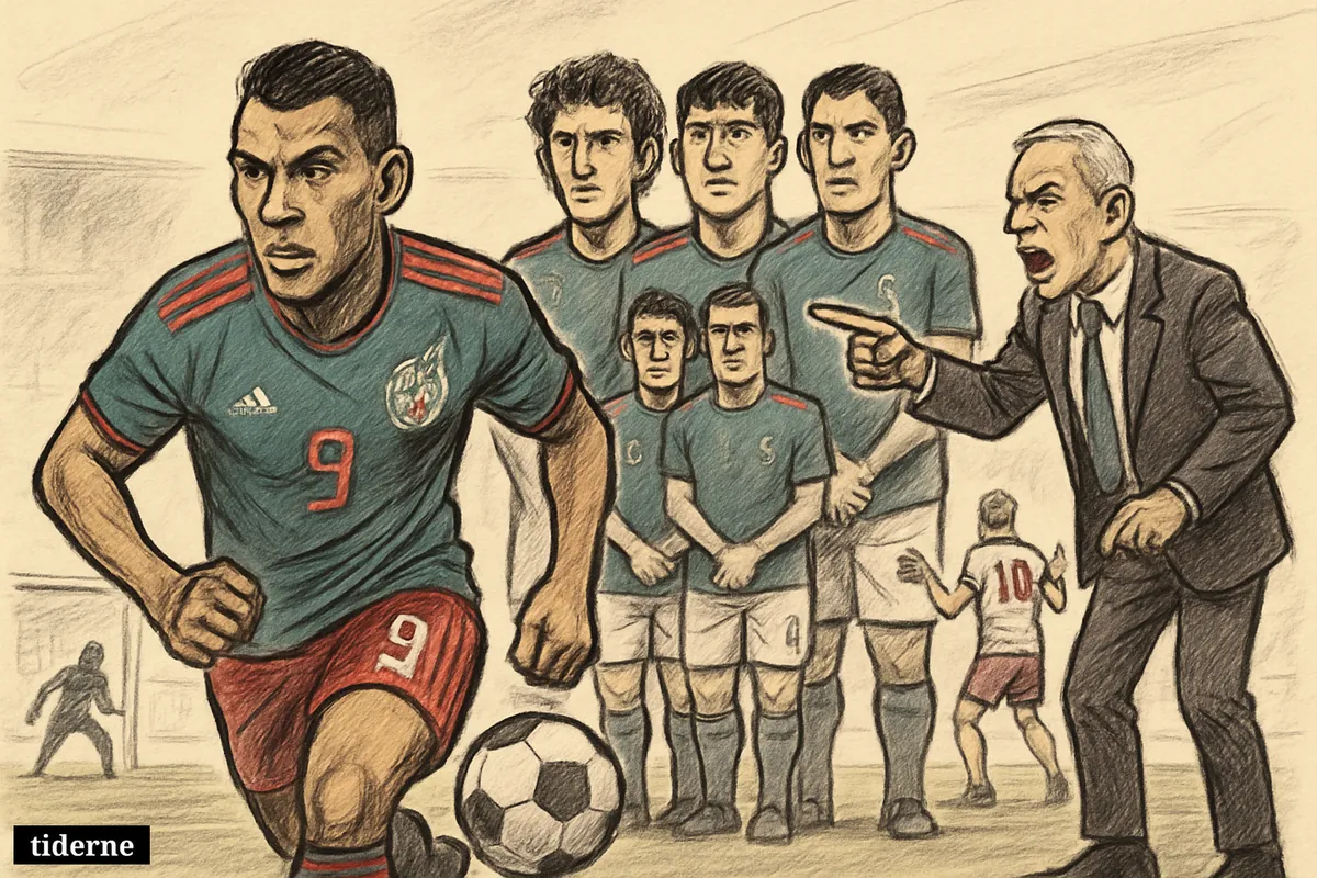 A Mexican striker charges forward as four defenders form a wall, blocking frustrated England players while a coach gestures from the sideline.