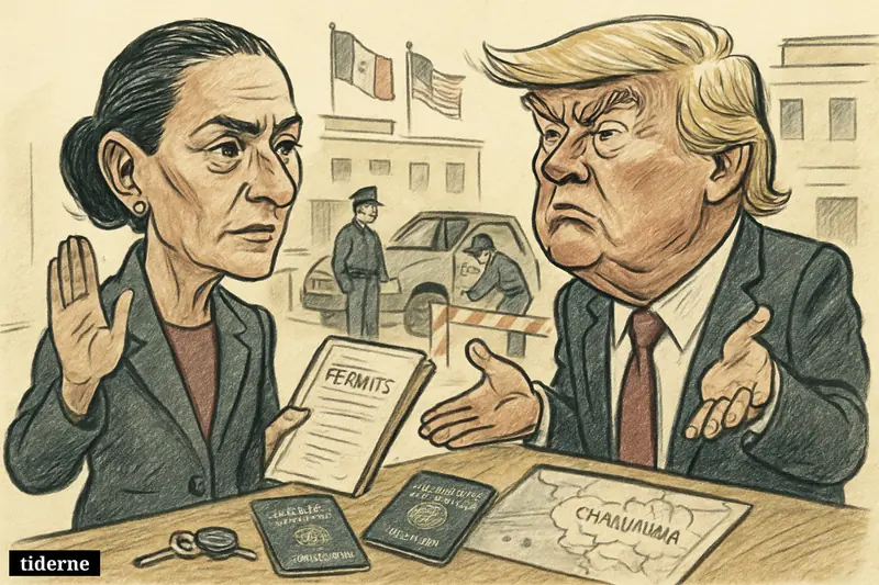 Claudia Sheinbaum blocks Donald Trump at a permit desk while security officers inspect passports, keys, and an SUV tied to a Chihuahua operation.