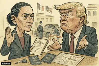 Claudia Sheinbaum blocks Donald Trump at a permit desk while security officers inspect passports, keys, and an SUV tied to a Chihuahua operation.