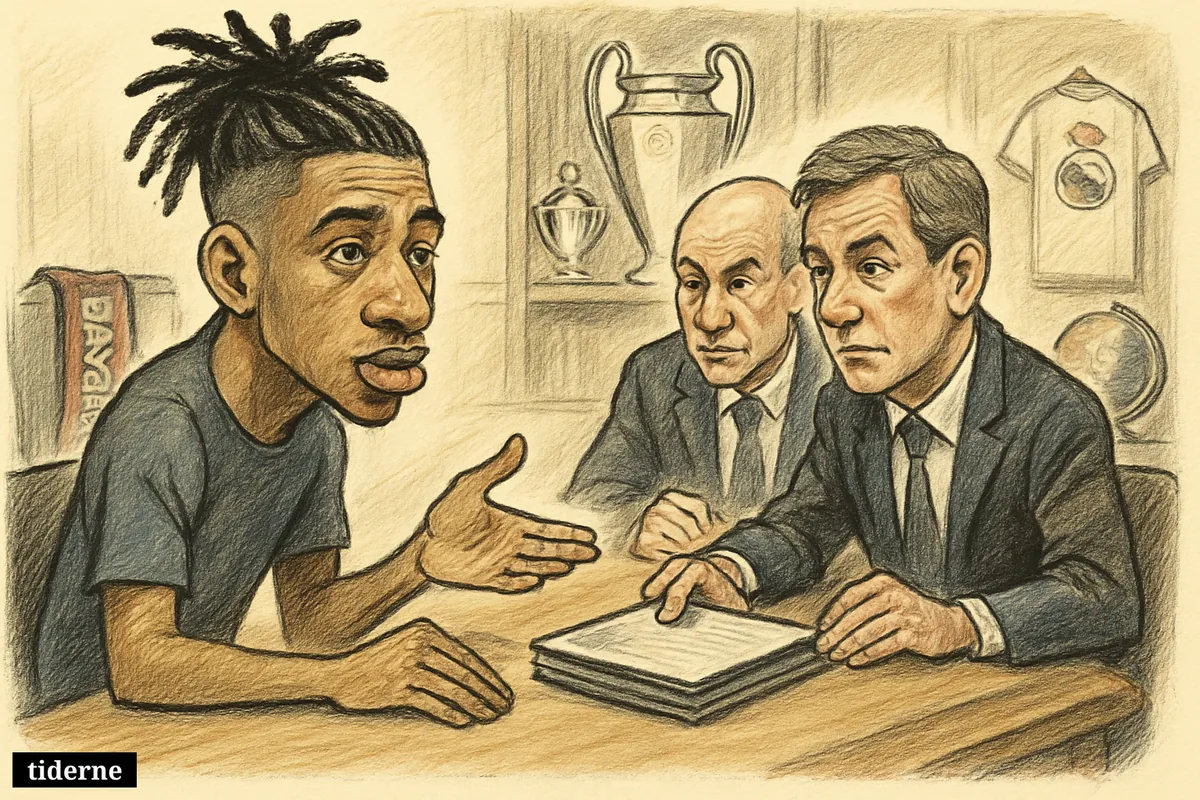 Michael Olise meets Bayern executives in a boardroom, with a contract on the table and subtle Real Madrid and World Cup hints nearby.