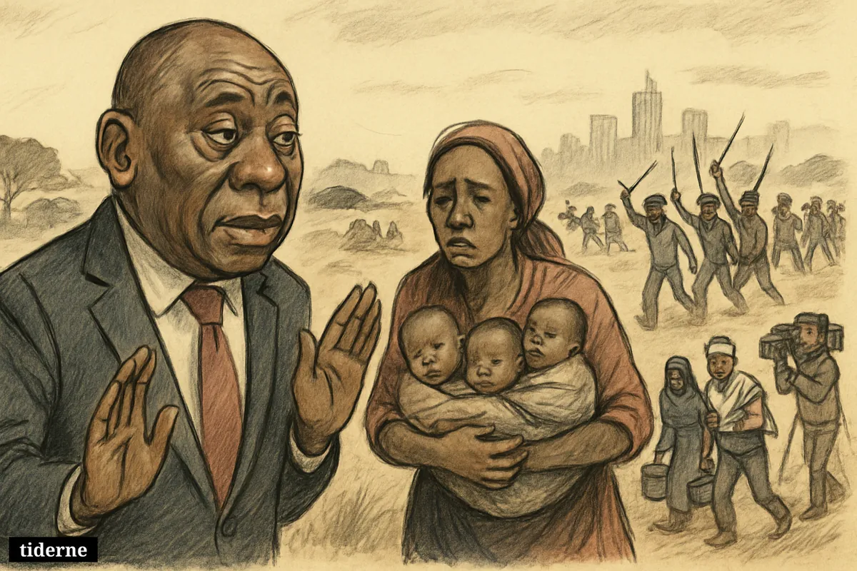 Caricature of Cyril Ramaphosa watching frightened migrant families flee across an open field as a mother carries triplets and a wounded man is assisted.