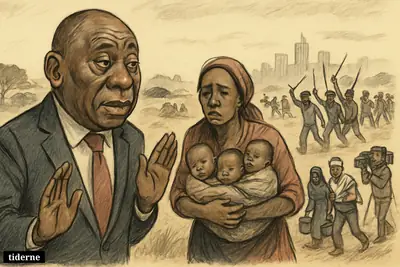 Caricature of Cyril Ramaphosa watching frightened migrant families flee across an open field as a mother carries triplets and a wounded man is assisted.