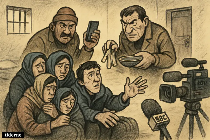 A group of frightened migrants in a Libyan safehouse are menaced by smugglers, while BBC news equipment appears at the edge of the scene.