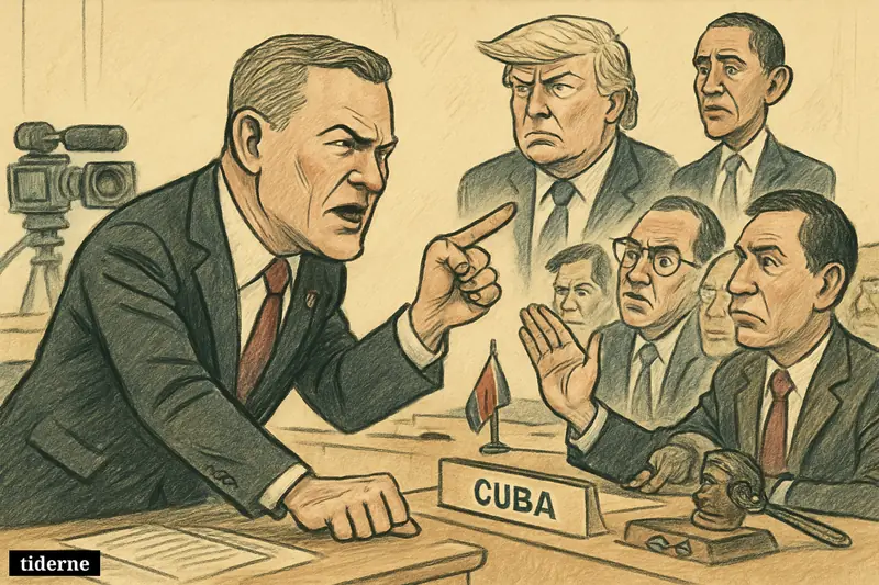 Mike Waltz angrily points across a UN chamber at Cuban diplomats while Trump, Obama, and TV cameras heighten the tense diplomatic standoff. (AI-genereret illustration)