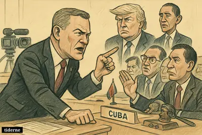 Mike Waltz angrily points across a UN chamber at Cuban diplomats while Trump, Obama, and TV cameras heighten the tense diplomatic standoff. (AI-genereret illustration)