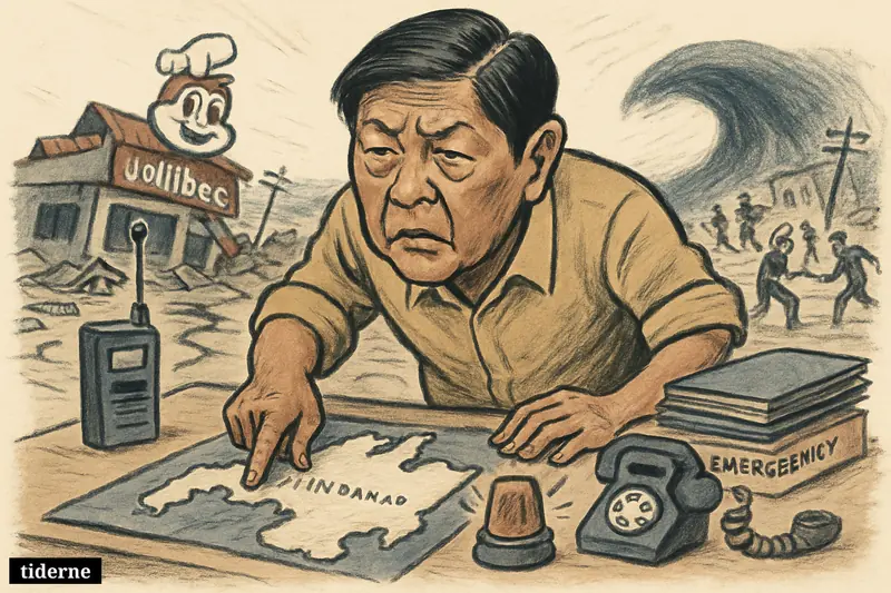 Caricature of Ferdinand Marcos Jr. directing earthquake response as a damaged Jollibee, debris, evacuees, and a swelling offshore wave fill the scene.